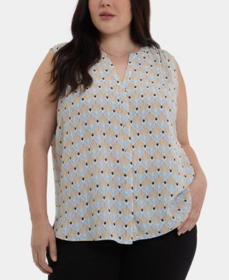 Plus Size Sleeveless Pintuck Split Neck Top