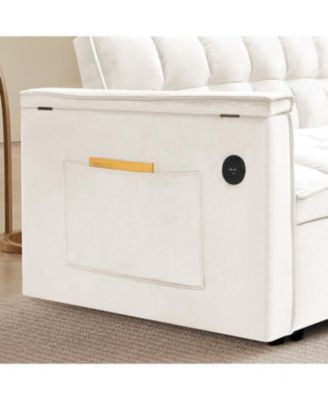 Foldable Velvet Sofa Bed with USB Desk (Beige)