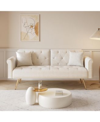 Beige Velvet Sofa Bed with Nailhead Trim & Throw Pillow