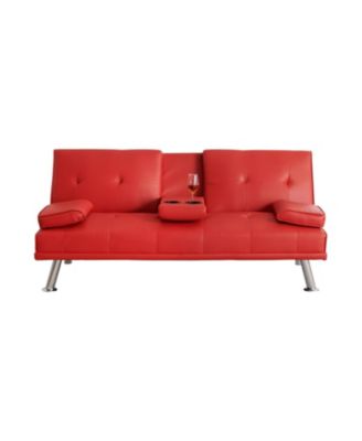Red Leather Double Folding Sofa Bed with Table