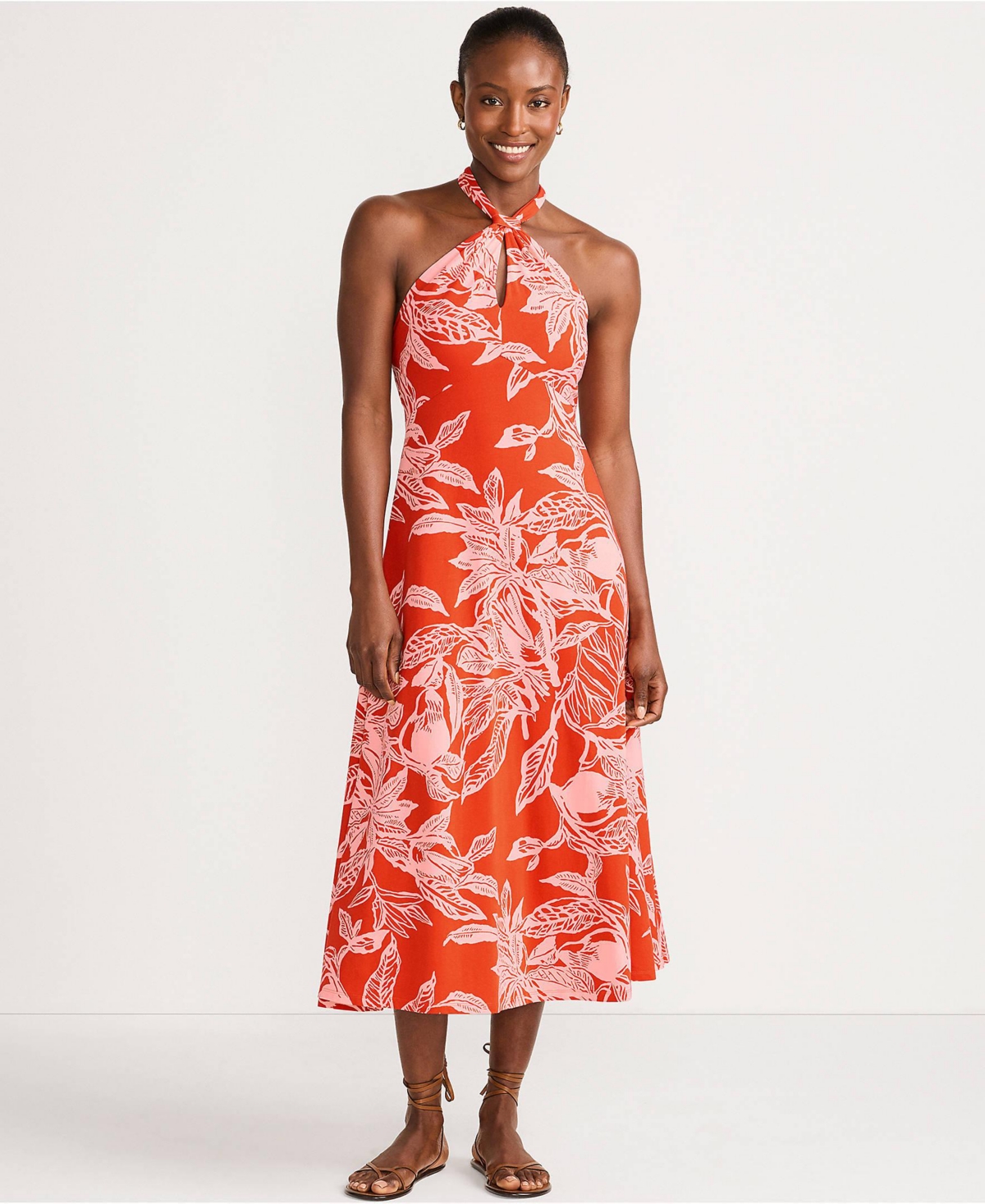 Women's Cotton Modal Halter Midi Dress - Mandarin orange etched leaves