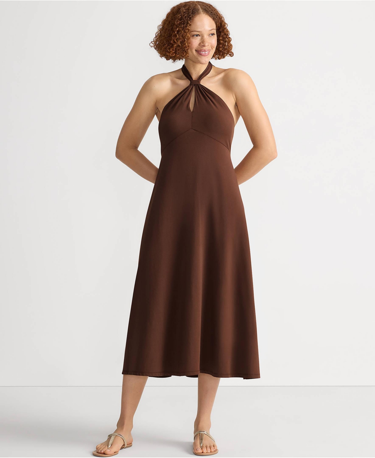 Women's Cotton Modal Halter Midi Dress - Mandarin orange etched leaves