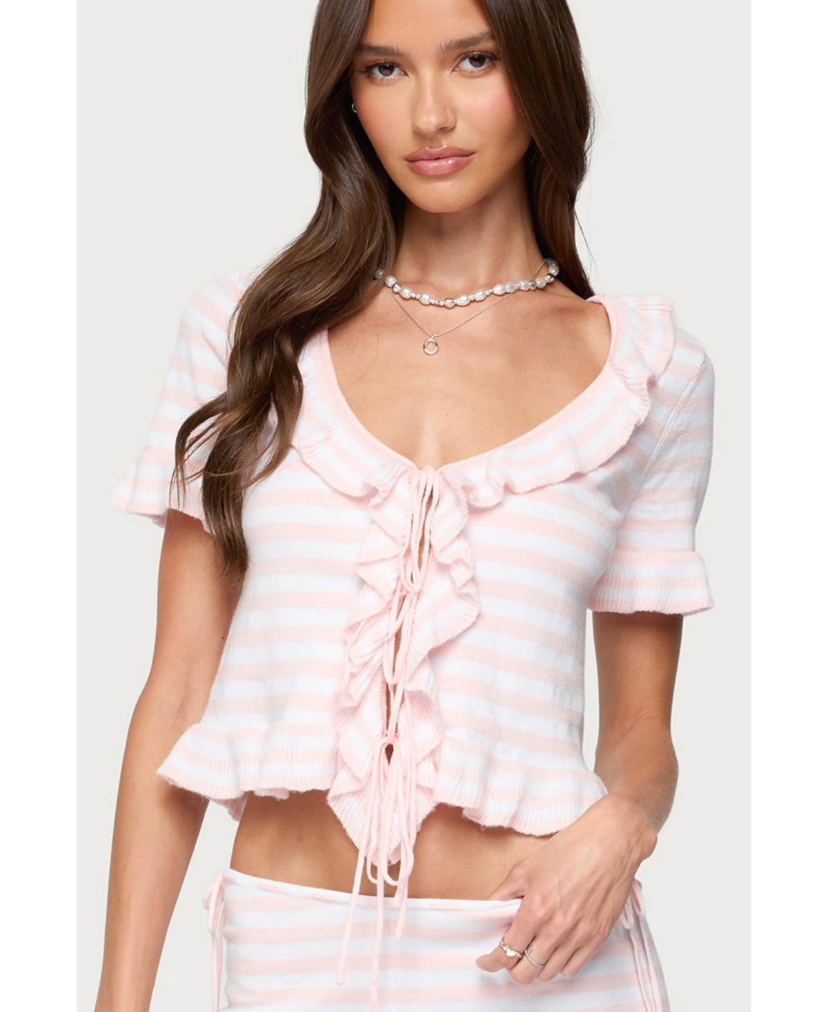 Women's Janelle Striped Knit Tie Front Top - Light-pink