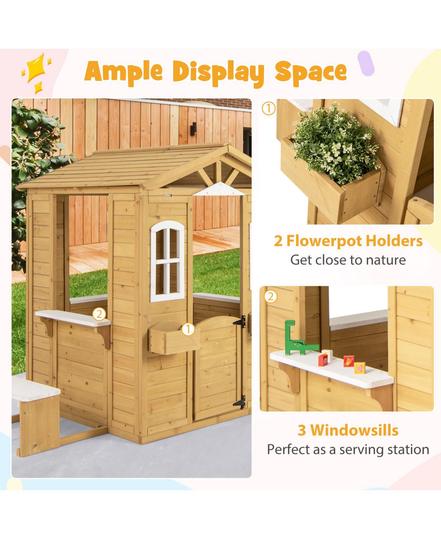 Wood Playhouse for Kids Outdoor Adventures Cottage w/ Bench Play Game Center