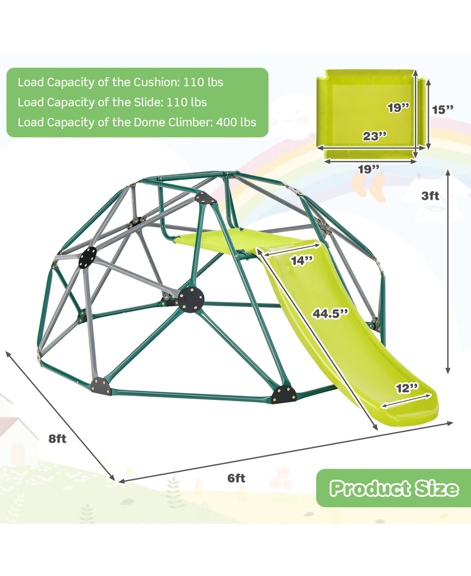 8FT Climbing Dome w/ Slide Outdoor Kids Jungle Gym Dome Climber Green and Gray