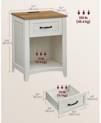 Farmhouse Nightstand with Drawer, Shelf, and Charging Station, Set of Bedside Tables