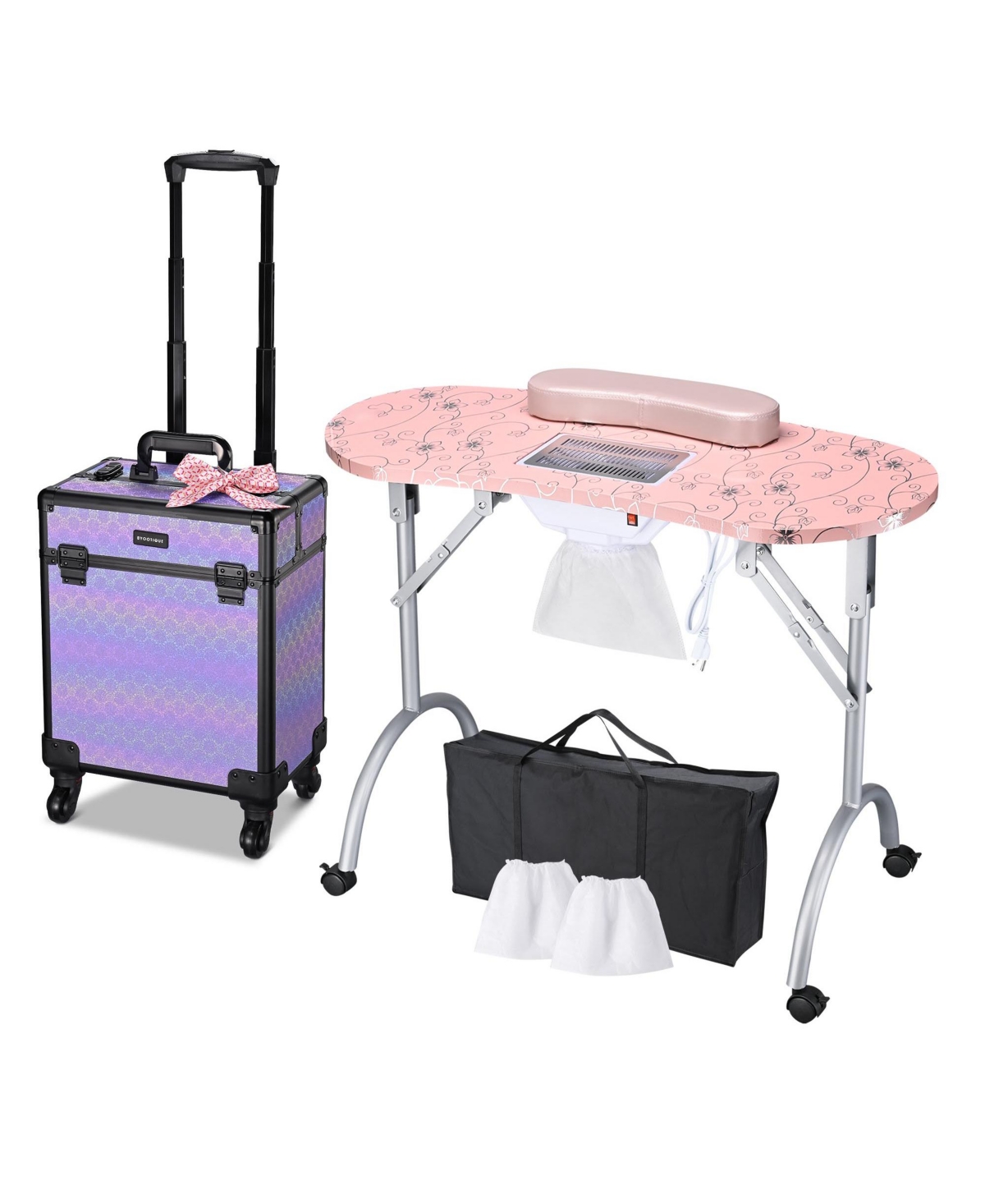 Folding Manicure Table & Rolling Makeup Train Case Charm ForgetMeNot - Natrual