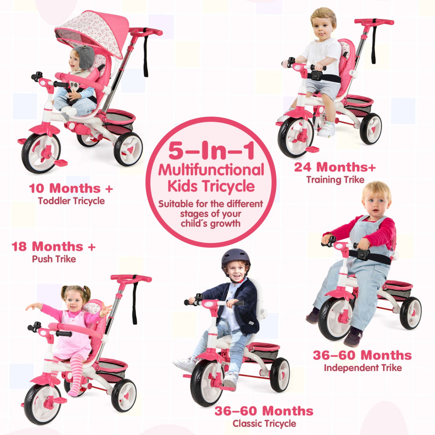 Girls 4-in-1 Tricycle Stroller with Detachable Design and Round Sun Canopy