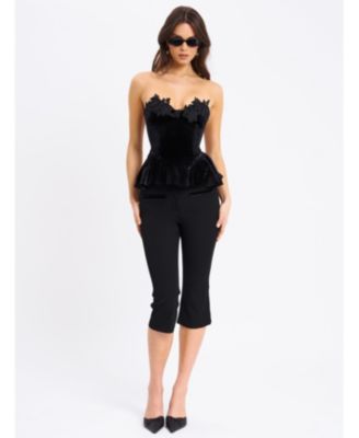 Women's Qiara Black Velvet Peplum Top with Lace Trim