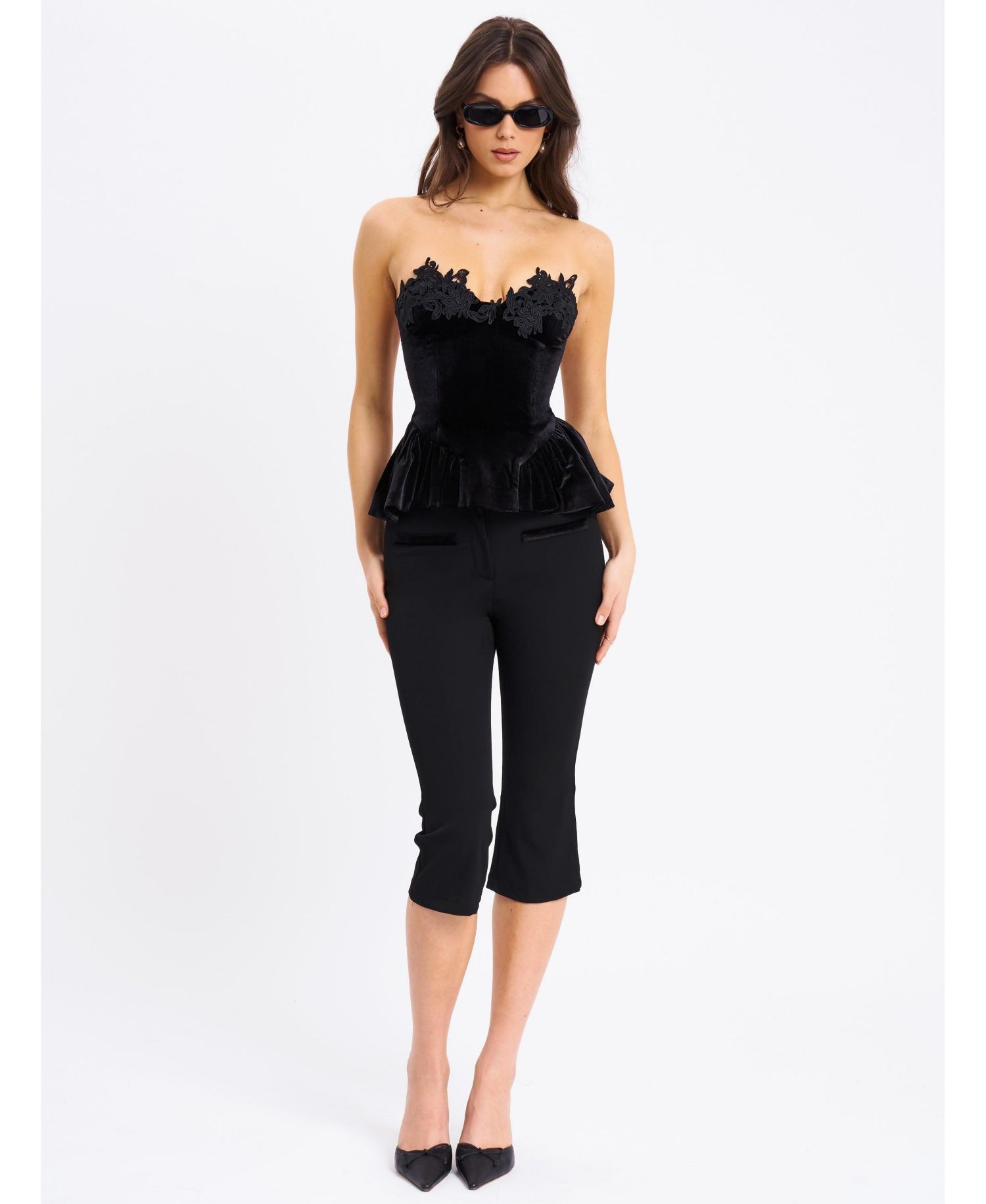 Women's Qiara Black Velvet Peplum Top with Lace Trim