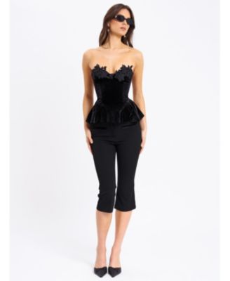 Women's Qiara Black Velvet Peplum Top with Lace Trim