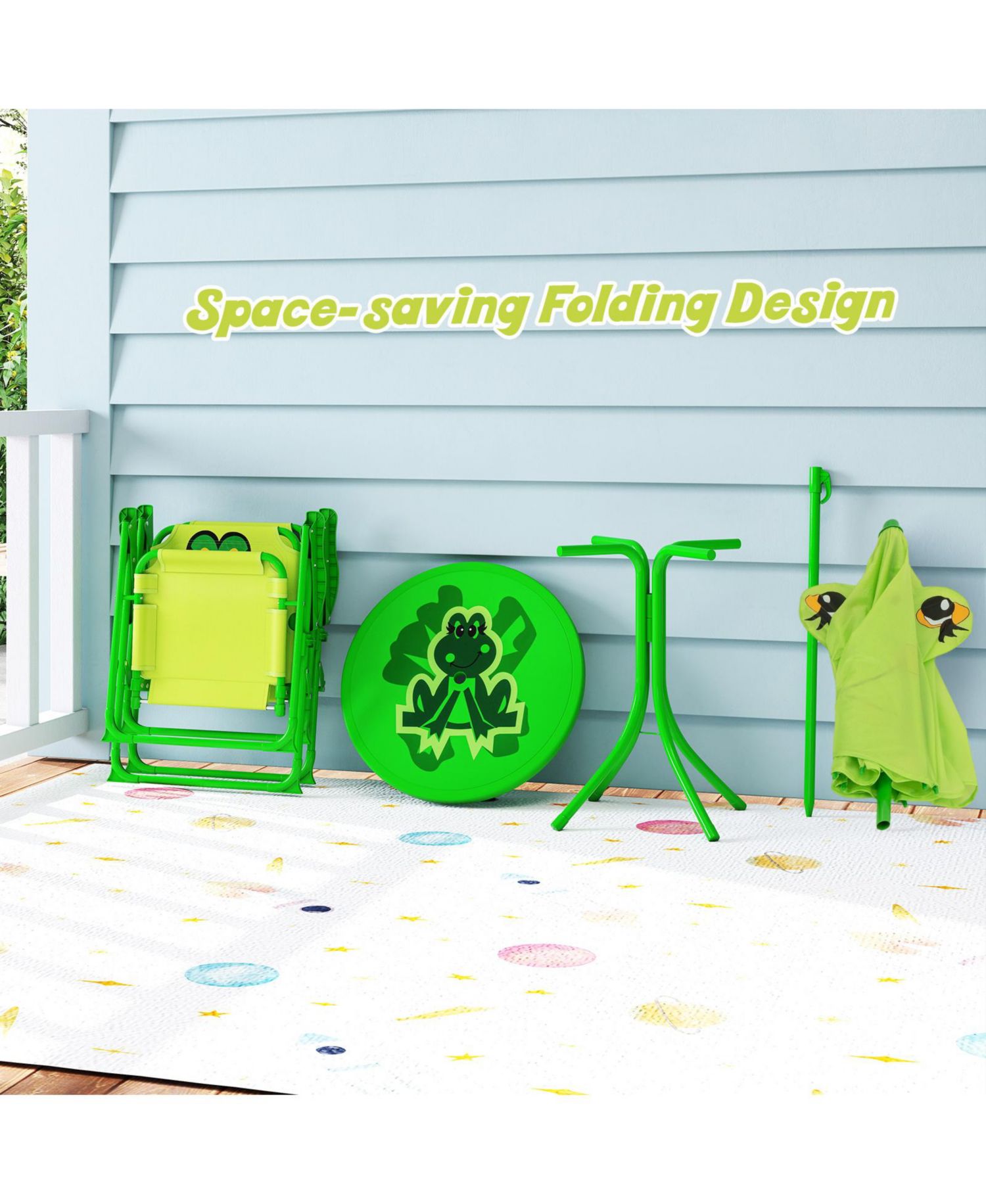 Kids Picnic Table and Chair Set w/ 2 Folding Chairs and Height Adjustable Umbrella