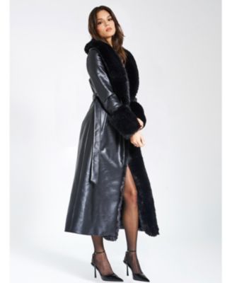 Women Zaida Black Faux Fur Trim Black Faux Leather Coat