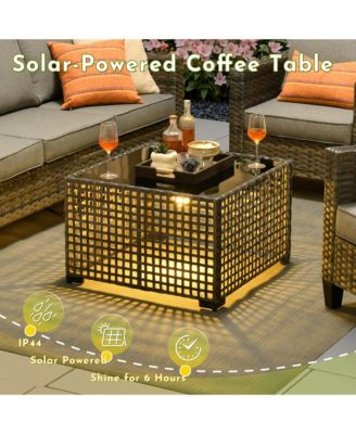 4 Pieces Outdoor Patio Furniture Set,Outside Conversation Set with All-Weather Wicker Sofa,Deep Seating Cushions and Solar Powered Coffee Table