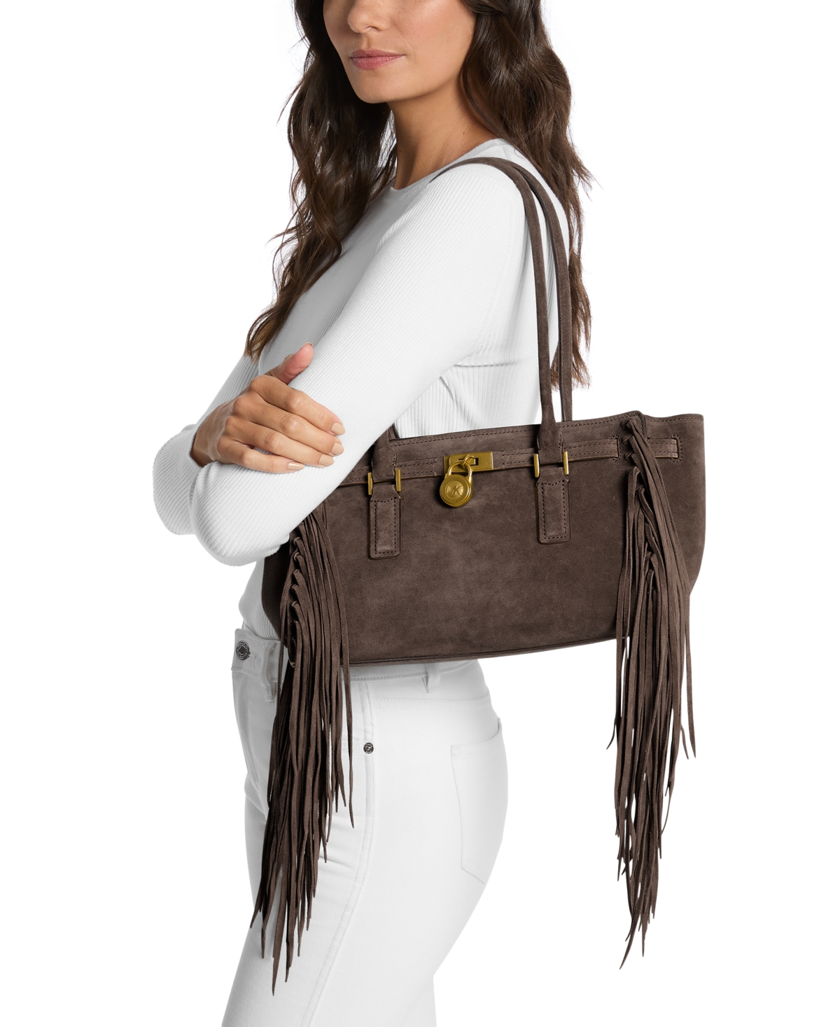 Michael Kors Hamilton Moderne Small Fringed Suede Satchel In Brown