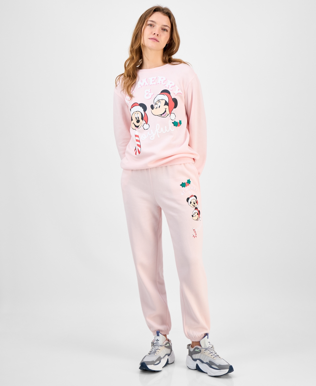 Disney Juniors' Merry & Joyful Crewneck Sweatshirt In Pink