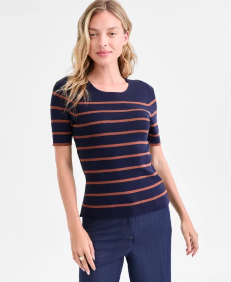 Women's Petite Striped Short-Sleeve Sweater Tee - Navy/tawny