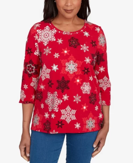 Petite Snowflake Embellished Top - Red