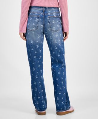 Juniors' Mid-Rise Bow-Print Baggy Jeans