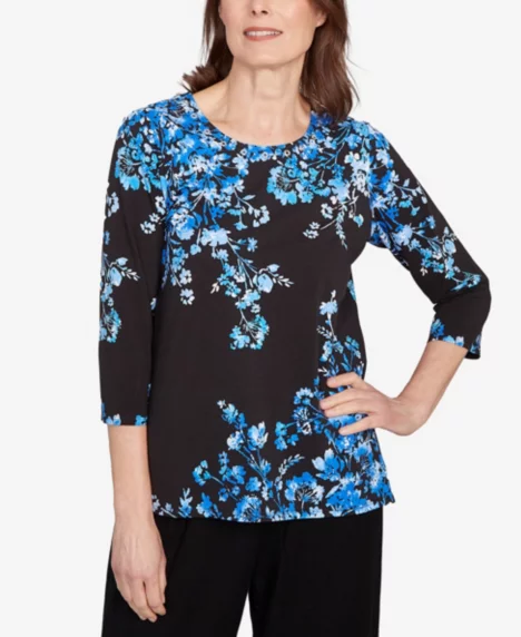 Petite Floral Asymmetric Top - Cobalt Blue