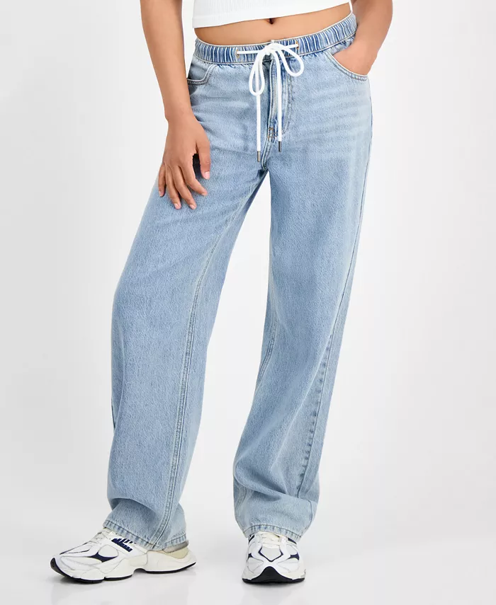 Juniors' Cotton Wide-Leg Drawstring Jeans - thumbnail 3