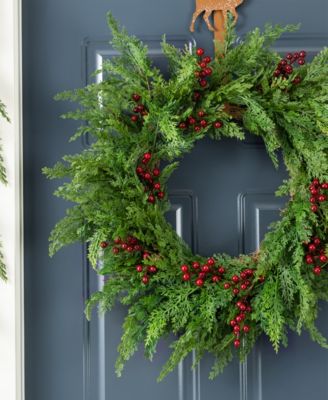 24" Polyethylene Christmas Dripping Cedar Wreath with Berries