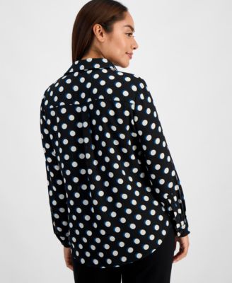 Petite Long Sleeve Button Up Dot-Print Shirt