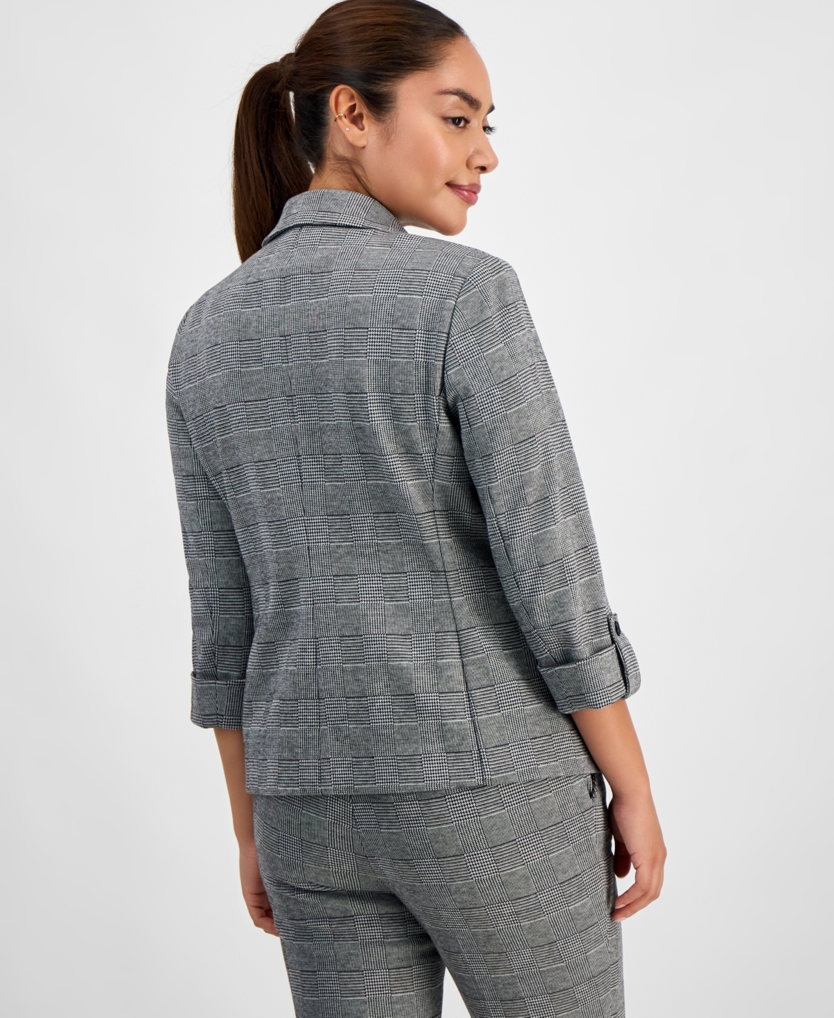 Ak Anne Klein Women's Plaid Jacquard Notch-collar 3/4-sleeve Jacket In Multi