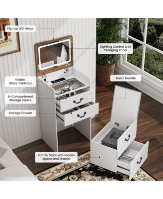 Flip-top vanity desk with mirror and stool.