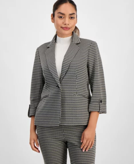 AK Anne Klein Petite Houndstooth-Print Roll-Tab Blazer - Small Blue Houndstooth