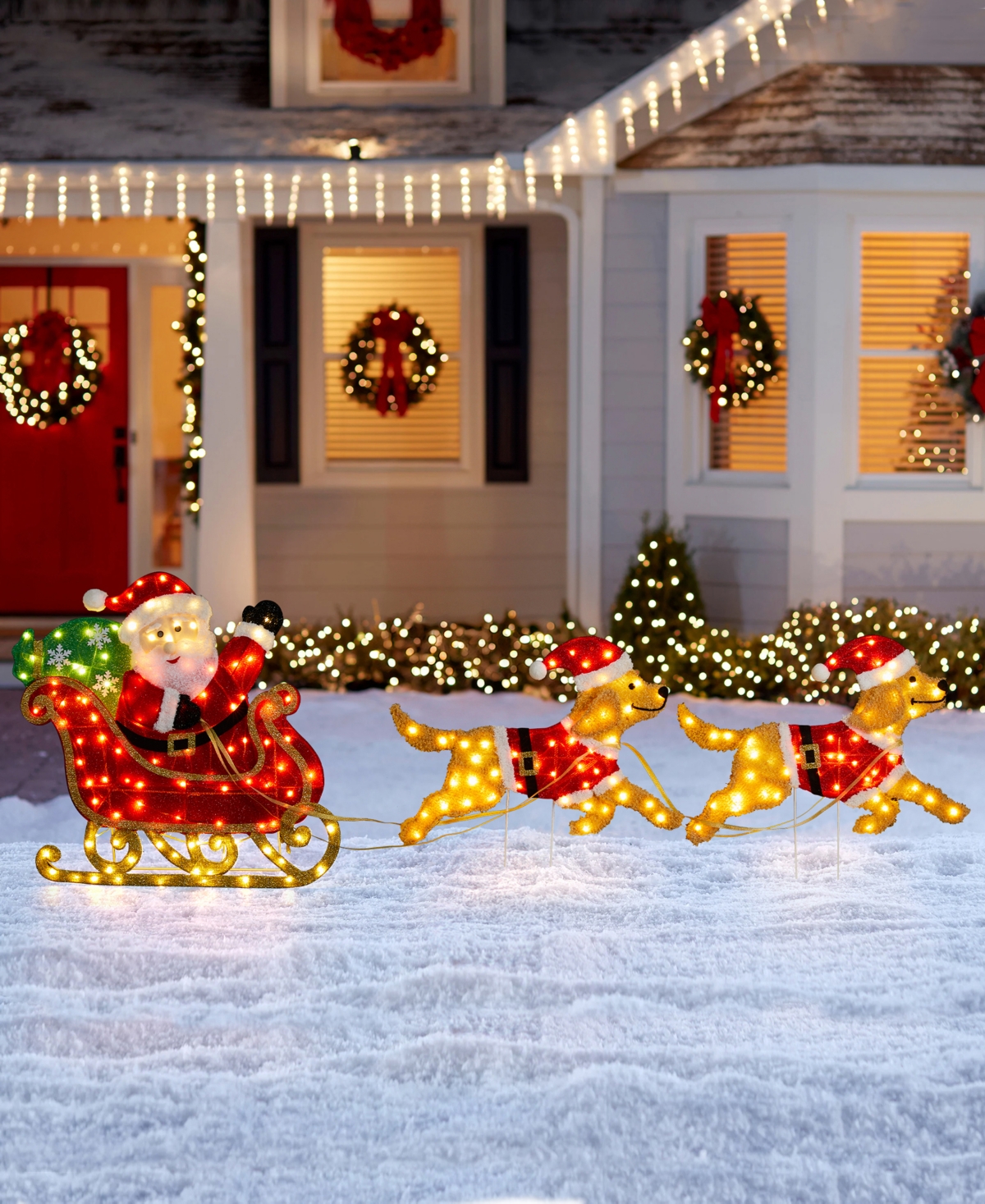Glitzhome 90.5" Fabric Christmas 2d Dog With Santa Sleigh Lighted Outdoor Decor In Multi