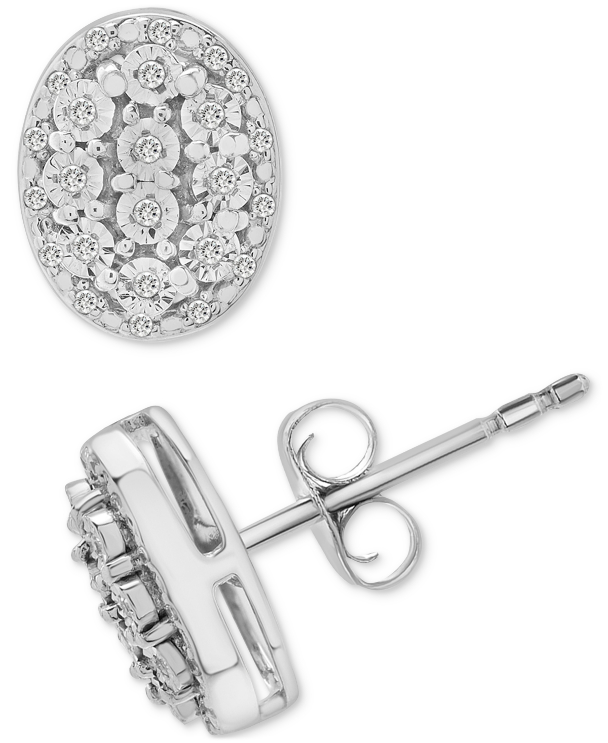 Macy's Diamond Oval Halo Cluster Earrings (1/10 Ct. T.w.) In Sterling Silver,  Exclusive In Metallic