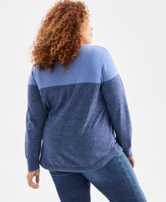 Plus Size Cotton Color-Block Crewneck Sweater, Macy's Exclusive