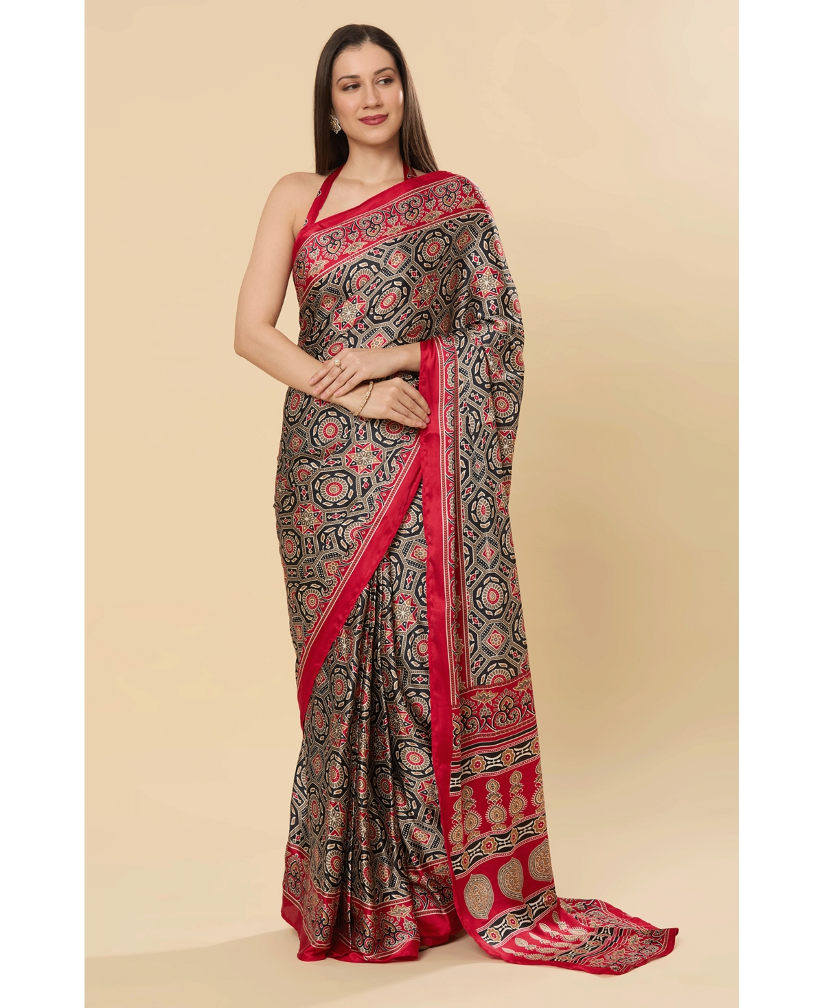 Women's Zoya Ajrakh Red Ready to Wear Satin Printed One Minute Saree - Red