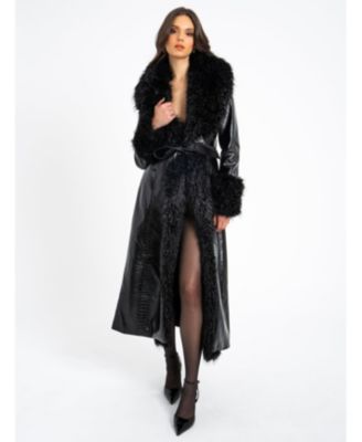 Women's Zella Black Fur Trim Faux Croc Leather Coat