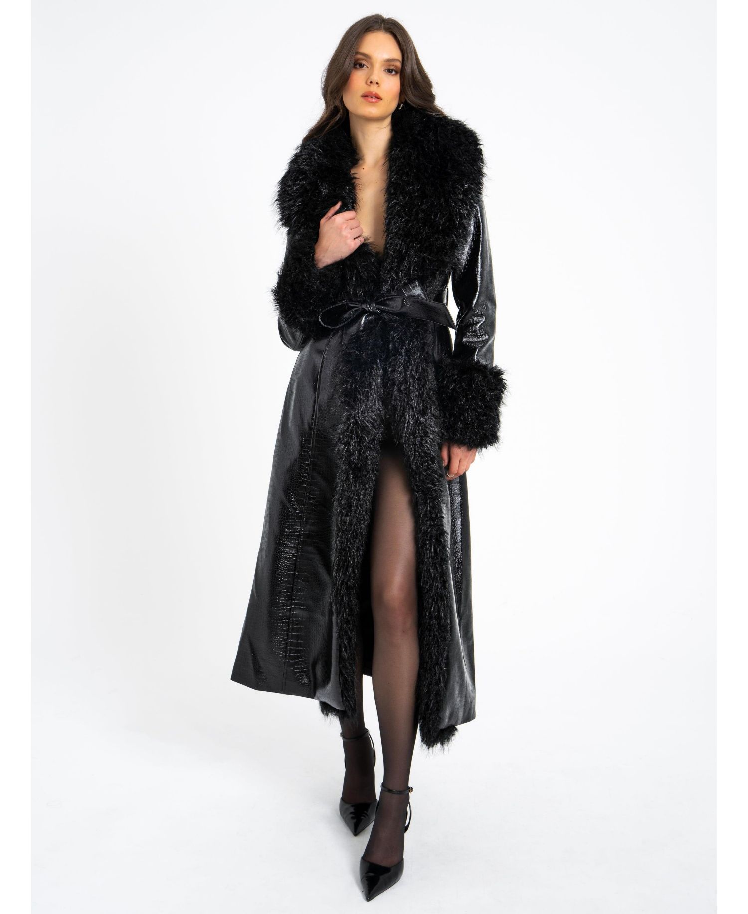 Women's Zella Black Faux Fur Trim Faux Croc Leather Coat
