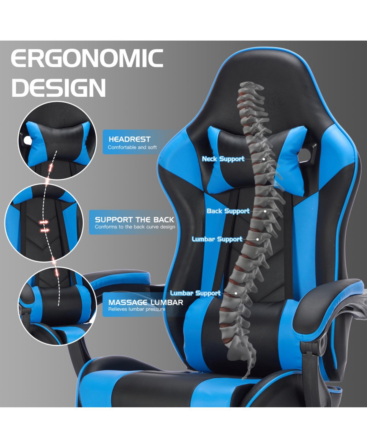 Streamdale Furniture Gaming Chair with Footrest Headrest & Lumbar Support - Black/Blue