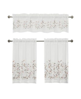 Shabby Sheer Embroidered Complete 3 Piece Floral Rod Pocket Cafe Kitchen Curtain Tier & Valance Set