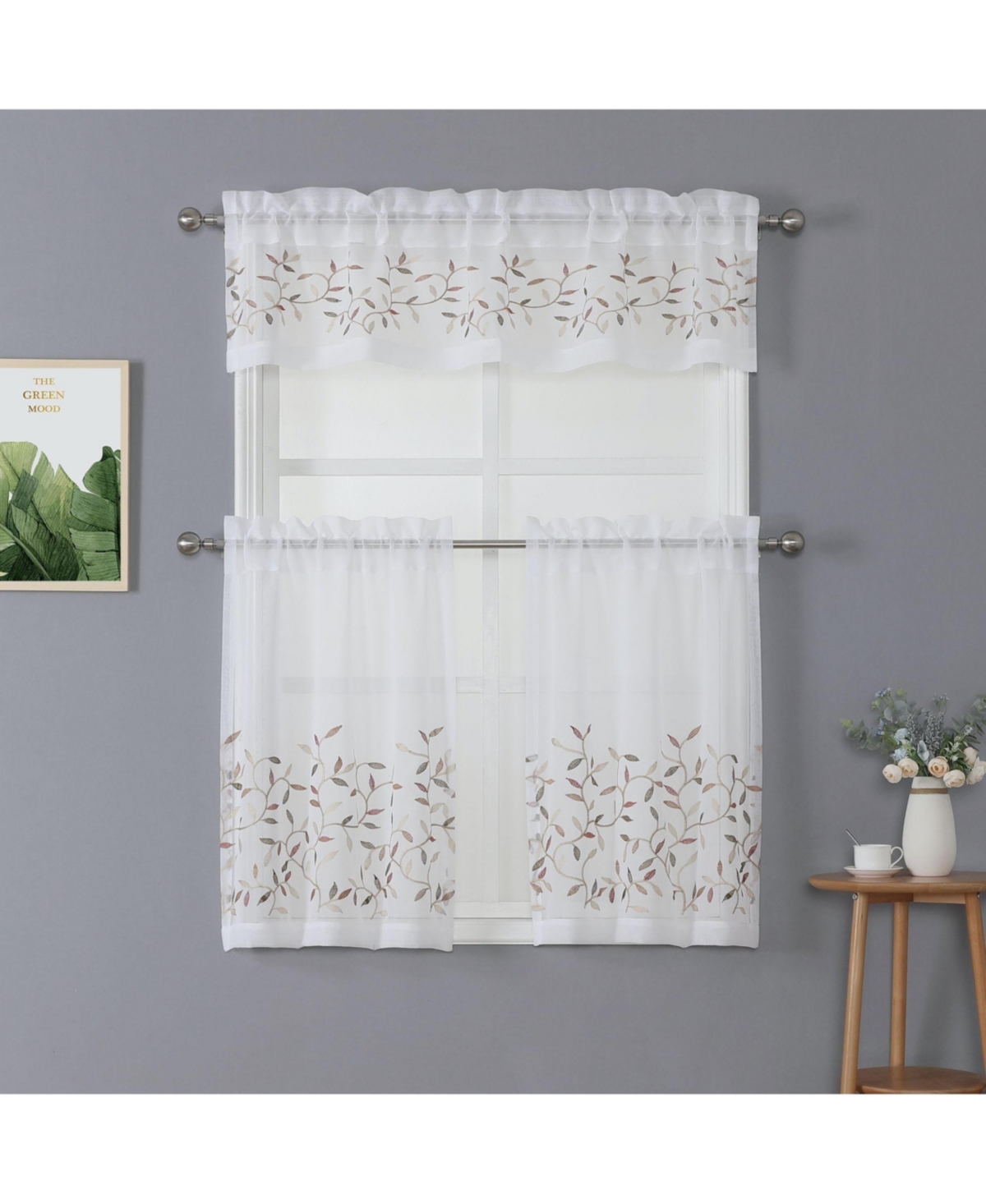 Shabby Sheer Embroidered Complete 3 Piece Floral Rod Pocket Cafe Kitchen Curtain Tier & Valance Set - Rose/spice