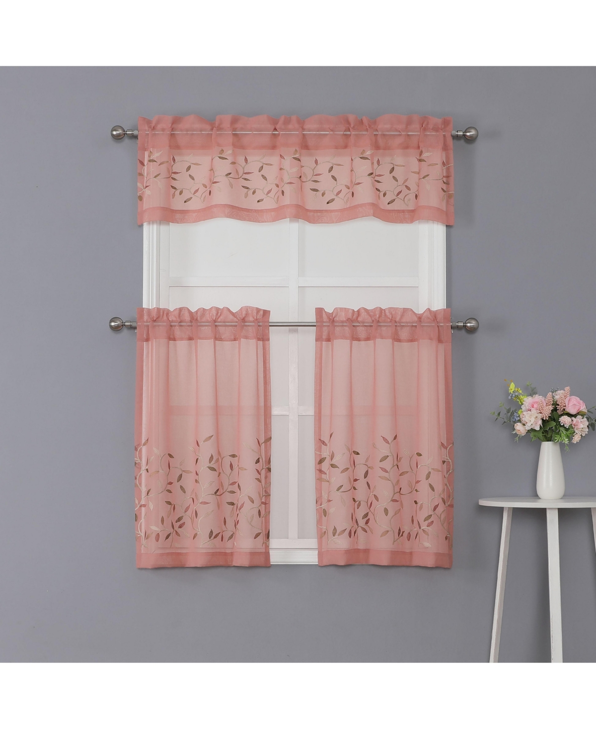 Shabby Sheer Embroidered Complete 3 Piece Floral Rod Pocket Cafe Kitchen Curtain Tier & Valance Set - Rose/spice