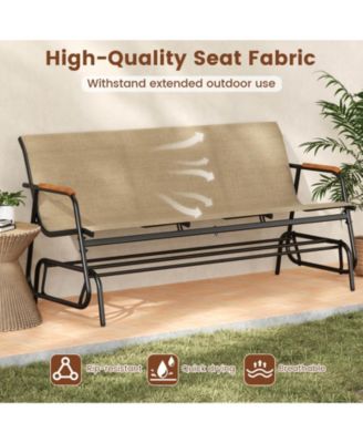 Patio Glider Bench for 3 Swing Gliding Loveseat with Curved Teak Armrests for Porch