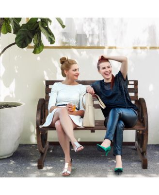 Patio Wagon Wheel Bench Outdoor Garden Wooden Rustic Bench w/ Slatted Design