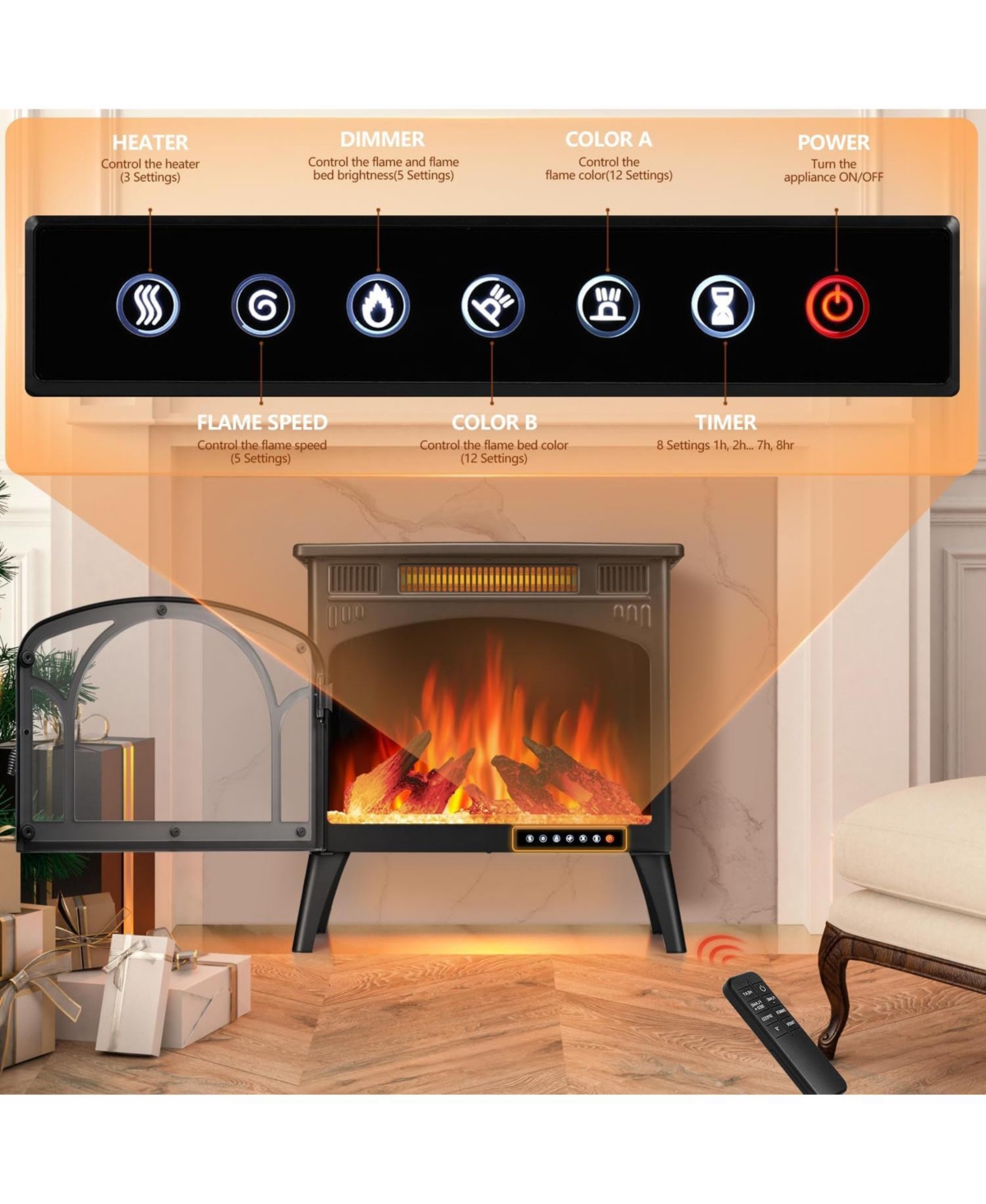 Cowsar Electric Fireplace Heater 17" with Remote Control, Cathedral Stylish, Different Flame Effects and Log Set Colors, Adjustable Brightness and Hea