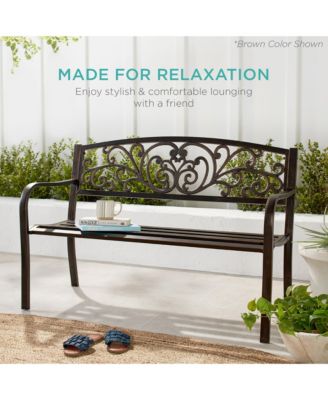 Outdoor Steel Bench Garden Patio Porch Furniture w/ Floral Design Backrest