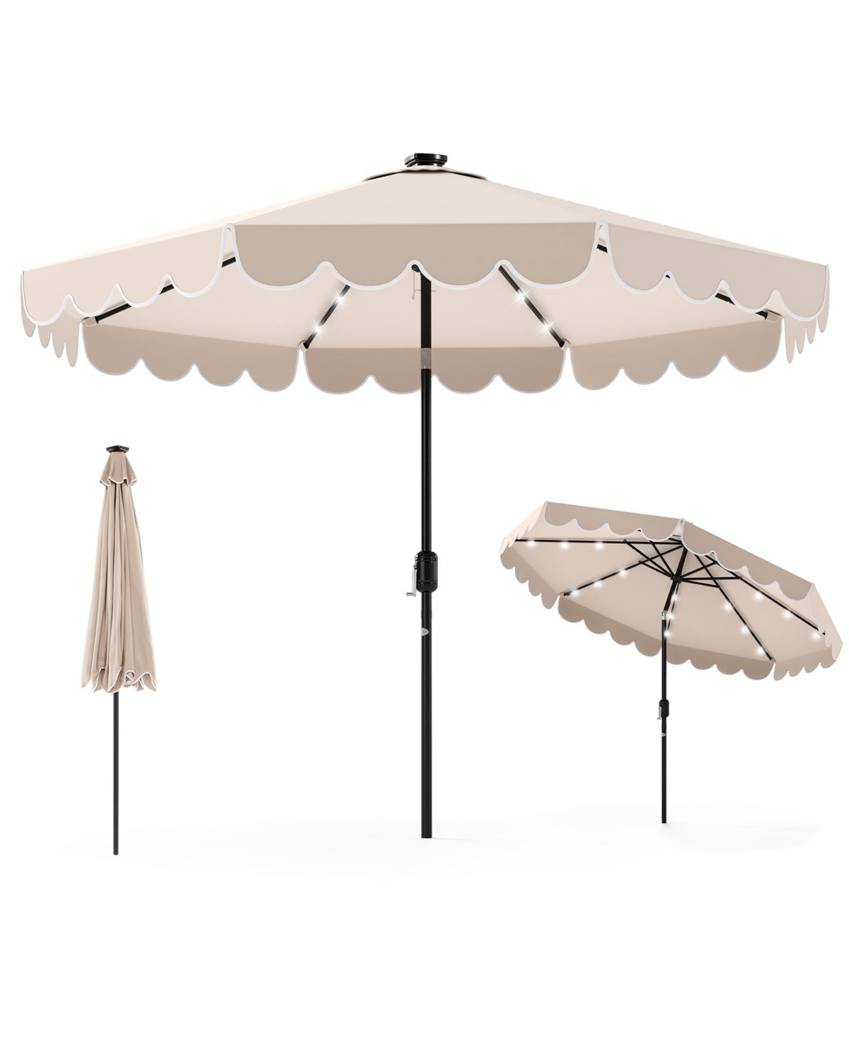 9.3 Ft Solar Patio Umbrella w/ 32 Led Lights & Vented Top & Ruffles - Red