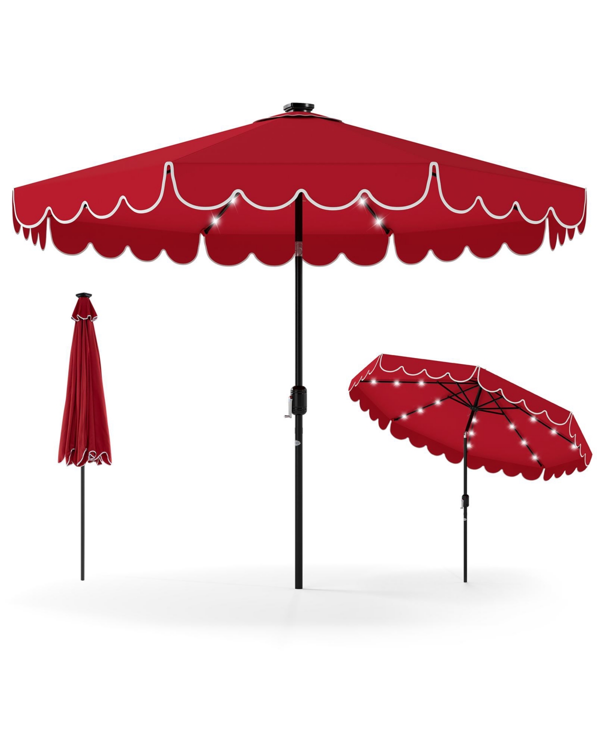 9.3 Ft Solar Patio Umbrella w/ 32 Led Lights & Vented Top & Ruffles - Red