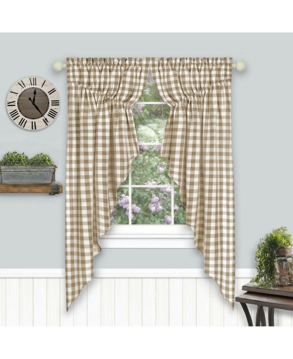 Farmhouse Plaid Gingham Check Swag Valance Curtain Panel Pair - 72 in. W x 63 in. L, Yellow - Green
