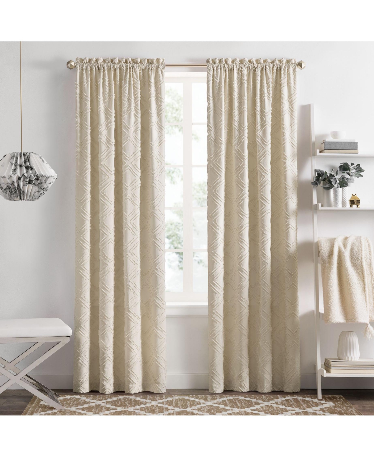 Contemporary Geometric Shabby Diamond Clipped Rod Pocket Single Window Curtain Panel - 84 in. Long - Gray - Tan