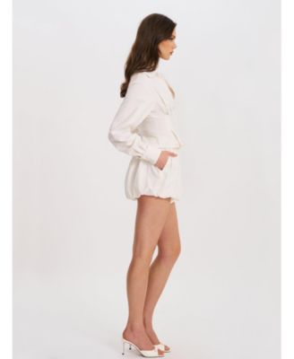 Women Sylvia White Pinstripe Deep V Pleated Shirt