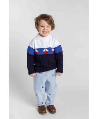 Little Boys Stripe Fake Fly Pants With Anchors